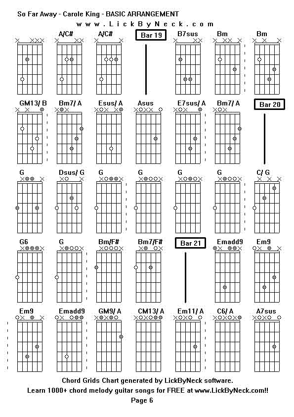 Chord Grids Chart of chord melody fingerstyle guitar song-So Far Away - Carole King - BASIC ARRANGEMENT,generated by LickByNeck software.